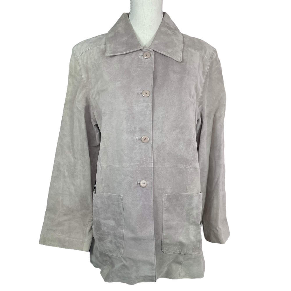 Genuine Suede Button-Up Jacket M Terry Lewis leather gray pockets longline